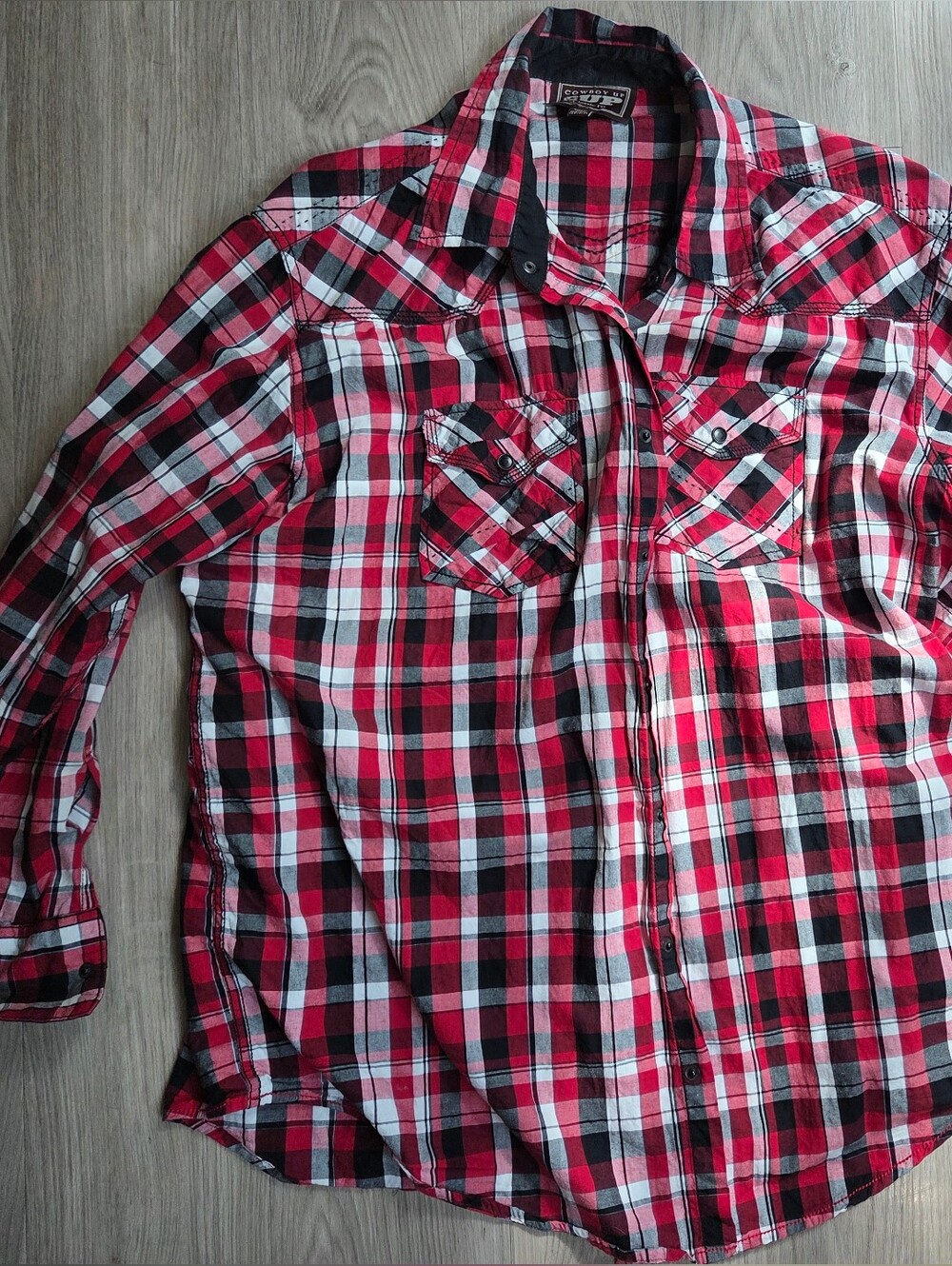 Men's Casual Red Black White Plaid Button-Down Shirt